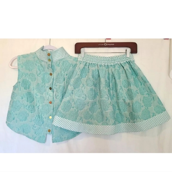 Buru Aqua Brocade Cropped Mod Top and Skirt - size XS - Picture 2 of 11